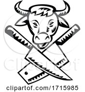 Poster, Art Print Of Crossed Butcher Knife With Cow Head Front View Black And White
