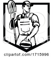 Poster, Art Print Of Janitor Cleaner Holding Mop And Bucket Shield Retro Black And White