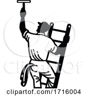 Poster, Art Print Of Window Cleaner On Ladder Cleaning Window Retro Black And White