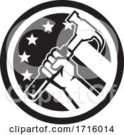 Carpenter Hand Holding Hammer USA Flag Circle Retro Icon Black And White