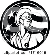 Poster, Art Print Of American Nurse Looking Up Usa Flag Circle Black And White