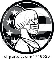 American Nurse Wearing Mask Side USA Flag Mascot Black And White by patrimonio