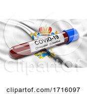 Poster, Art Print Of Flag Of Nizhny Novgorod Oblast Waving In The Wind With A Positive Covid 19 Blood Test Tube