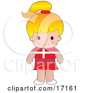Cute Blond Danish Girl Wearing A Flag Of Denmark Shirt Clipart Illustration