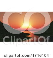 Poster, Art Print Of 3d Landscape With Grassy Hills Against A Sunset Sky