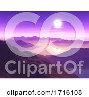 Poster, Art Print Of 3d Mountain Landscape Against Sunset Sky With Low Clouds