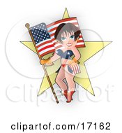Sexy Caucasian Pinup Woman In An American Bikini Standing In Front Of A Star And Holding An American Flag
