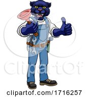 Panther Plumber Cartoon Mascot Holding Plunger