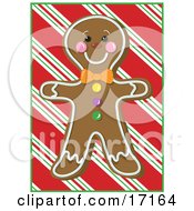 Happy Gingerbread Man Cookie With A Smiling Face Over A Red Striped Background