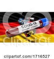 Poster, Art Print Of Flag Of Saarland Waving In The Wind With A Positive Covid 19 Blood Test Tube
