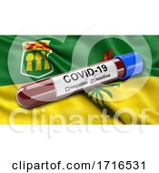 Poster, Art Print Of Flag Of Saskatchewan Waving In The Wind With A Positive Covid 19 Blood Test Tube