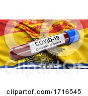 Flag Of New Brunswick Waving In The Wind With A Positive Covid 19 Blood Test Tube
