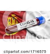 Poster, Art Print Of Flag Of Castilla La Mancha Waving In The Wind With A Positive Covid 19 Blood Test Tube