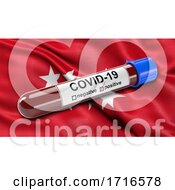 Flag Of The Community Of Madrid Waving In The Wind With A Positive Covid 19 Blood Test Tube