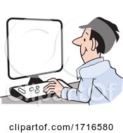 Poster, Art Print Of Cartoon Happy Man Working At A Computer