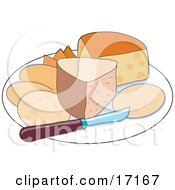 Sampler Tray Of Cheeses With A Knife Clipart Illustration by Maria Bell