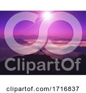 3D Female In A Yoga Pose On A Mountain Against A Purple Sunset Sky