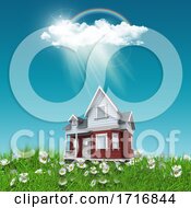 Poster, Art Print Of 3d House Nestled In Grass And Daisies Against A Blue Sunny Sky