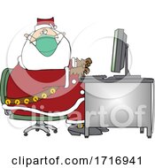 Poster, Art Print Of Cartoon Christmas Santa Claus Wearing A Mask At A Computer Desk