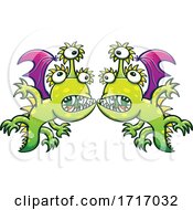 Poster, Art Print Of Cartoon Three Eyed Dragons In A Face To Face Confrontation