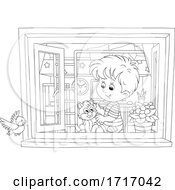 Poster, Art Print Of Boy And Cat Sitting By A Window Black And White