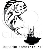 Poster, Art Print Of Pompano Dolphinfish Jumping Up With Fishing Boat In Background Retro Black And White