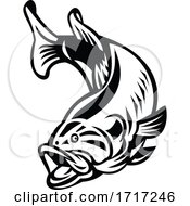 Poster, Art Print Of Largemouth Bass Swimming Down Black And White Retro