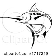 Poster, Art Print Of Atlantic Blue Marlin Swimming Upward Retro Black And White