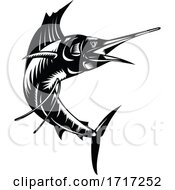 Poster, Art Print Of Atlantic Sailfish Jumping Up Viewed From Side Woodcut Retro Black And White