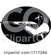 Poster, Art Print Of Duck Hunter Aiming Shotgun Shooting Side View Oval Retro Woodcut Black And White