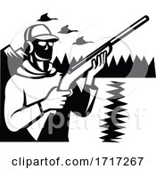 Poster, Art Print Of Bird Hunter Duck Shooter With Shotgun Rifle Duck Shooting Retro Black And White