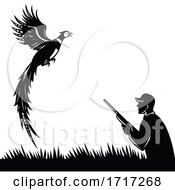 Poster, Art Print Of Silhouette Of Bird Hunter With Rifle Hunting Pheasant Flying Up Retro Black And White