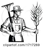 Wheat Farmer Holding A Rake And Cereal Grain Stalk Retro Woodcut
