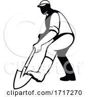 Gardener Or Landscaper Shovelling Digging With Spade Shovel Retro Black And White