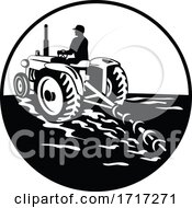 Farmer Driving A Vintage Tractor Viewed From Rear Circle Retro Black And White