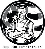 Food Worker Wearing Mask USA Flag Retro Black And White