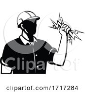 Power Lineman Electrical Worker Or Electrician Holding Lightning Bolt Side View Retro Black And White