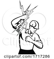 Poster, Art Print Of Electrician Holding A Bunch Lightning Bolt Side Retro Black And White