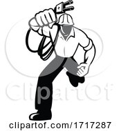 Electrician Construction Worker Power Lineman Holding Electric Plug With Cord Retro Black And White