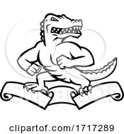Gator Or Alligator Standing On Ribbon Scroll Mascot Black And White by patrimonio