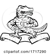 Gator Or Alligator In Tiger Stripes Standing On Ribbon Scroll Mascot Black And White