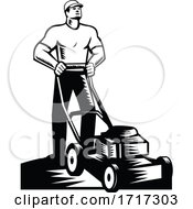 Poster, Art Print Of Gardener Or Groundskeeper With Lawn Mower Mowing Woodcut Retro