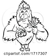 Gorilla Holding Blueberry And Cannabis Leaf Cartoon Mascot Black And White