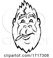 Poster, Art Print Of Gorilla Head Smoking Cigarette Cannabis Joint Cartoon Mascot Black And White