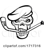 Poster, Art Print Of Green Beret Commando Skull Biting An Ice Hockey Stick Mascot Black And White