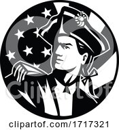 American Patriot Revolutionary Soldier Looking Up Usa Flag Retro Black And White
