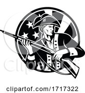 American Revolutionary Soldier With Rifle And Usa Flag Circle Retro Black And White