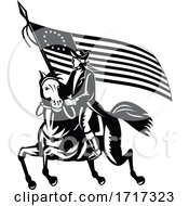 American Patriot Revolutionary General On Horseback With Betsy Rose Flag Retro Black And White