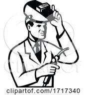 Poster, Art Print Of Scientist Researcher With Welding Torch And Welder Visor Black And White