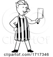 Poster, Art Print Of Cartoon Pig Butcher Holding A Cleaver Knife Black And White